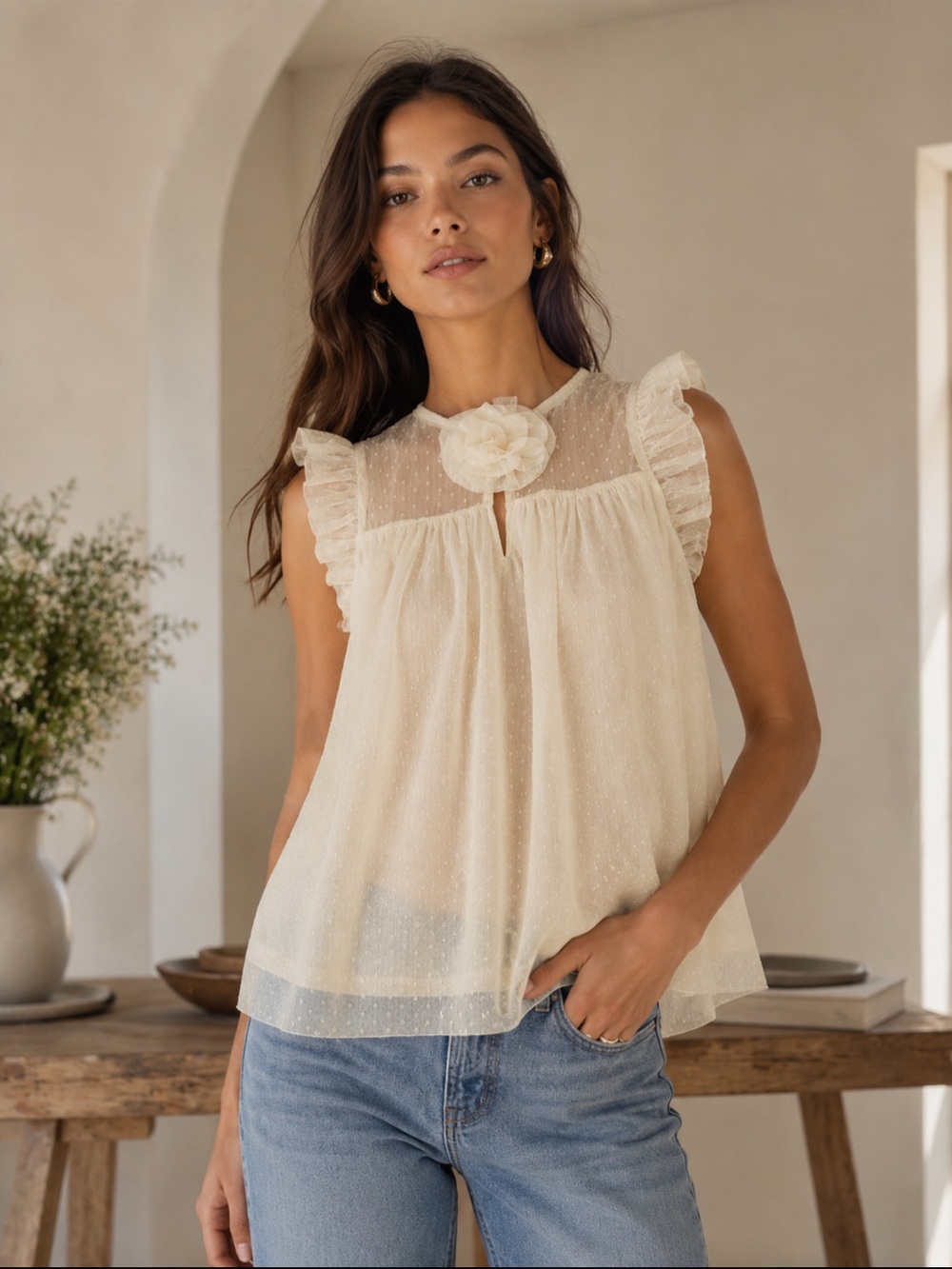 ShopEvelynne Cream Ruffle Dot Mesh Camisole